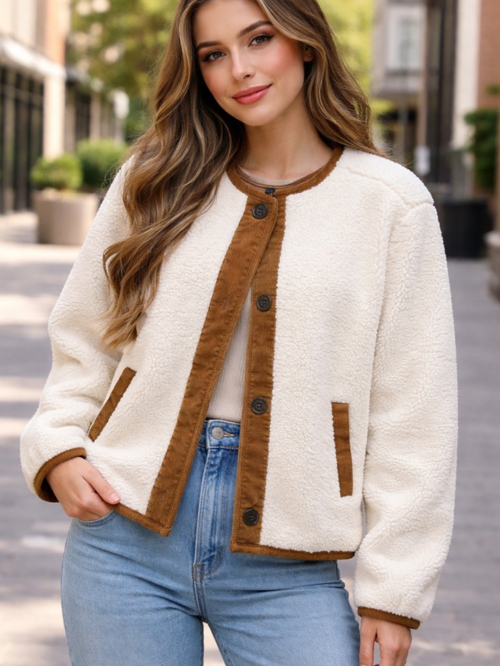 Style & Co. Cream Sherpa Jacket with Brown Trim